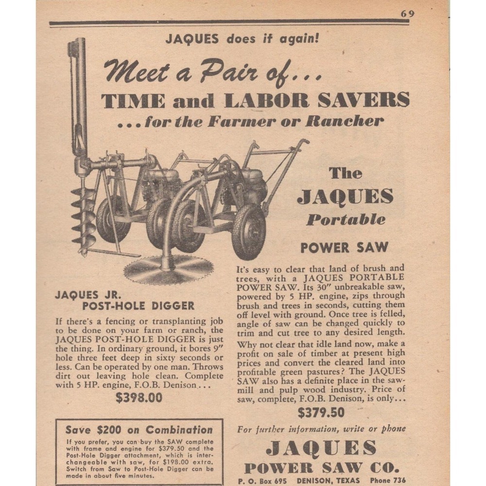 1946 Jaques Portable Power Saw Post Hole Digger Vintage Print Ad Denison Texas